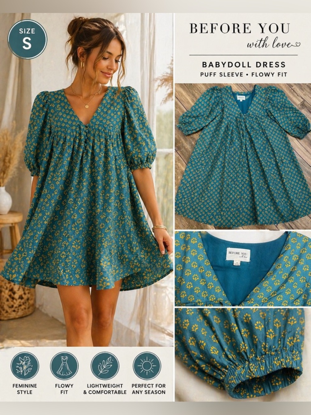 Before You Teal Babydoll Dress Puff Sleeve Boho Cottagecore Mini Dress